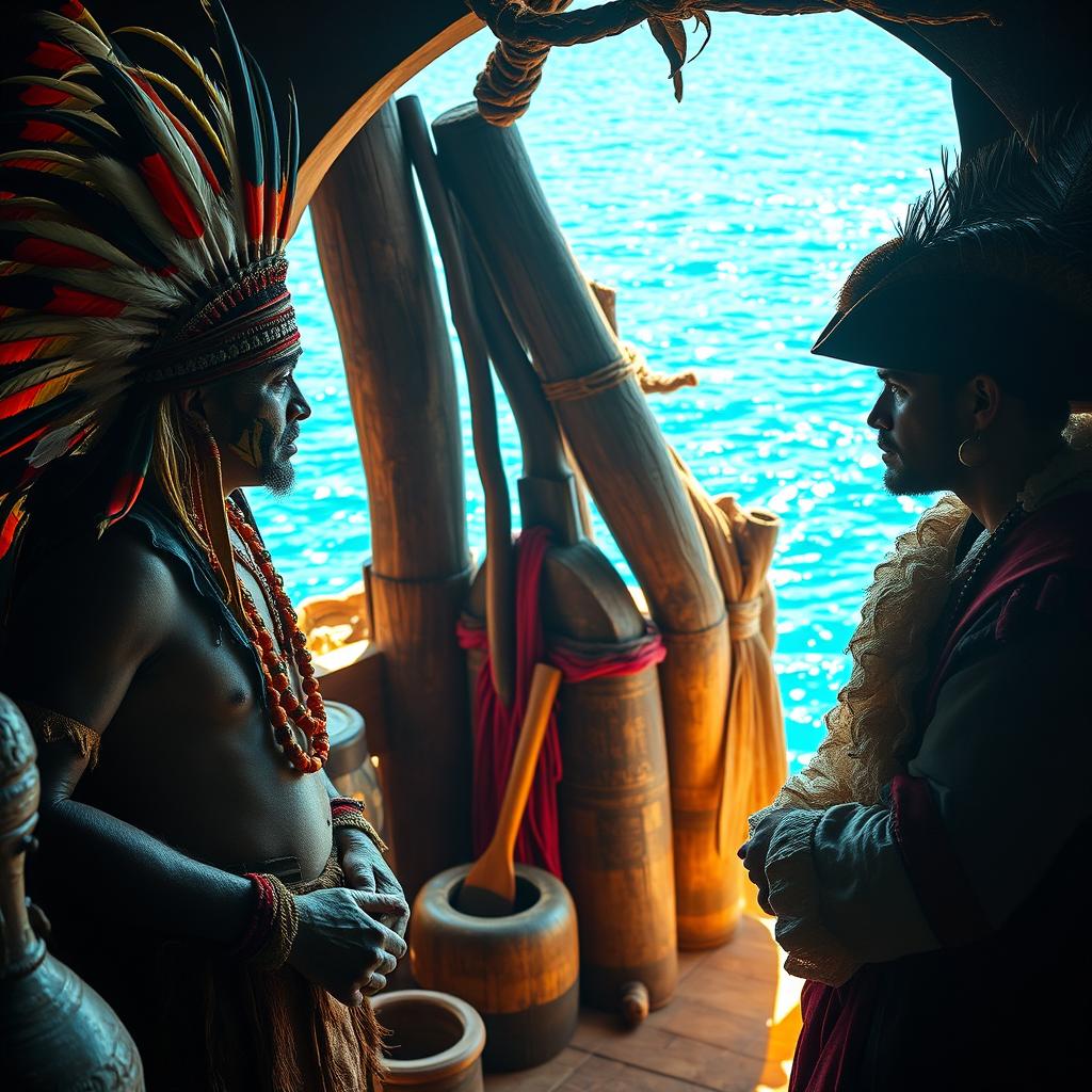 An encounter between a Brazilian Tupinambá indigenous chief and a 16th-century Portuguese navigator inside an indigenous oca