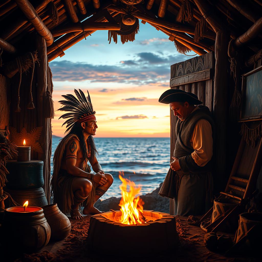 A meeting between a Tupinambá indigenous chief and a Portuguese navigator from the 16th century inside a traditional indigenous oca