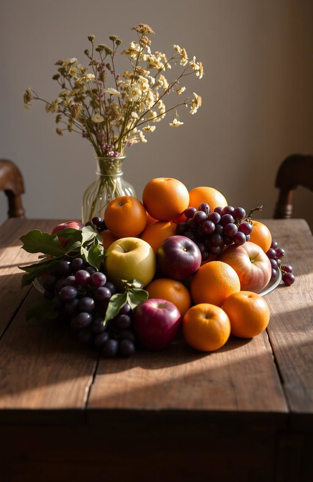 A classic still life arrangement featuring an array of fresh fruits such as apples, grapes, and oranges, artfully arranged on a rustic wooden table