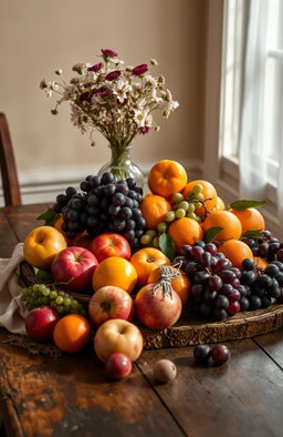 A classic still life arrangement featuring an array of fresh fruits such as apples, grapes, and oranges, artfully arranged on a rustic wooden table