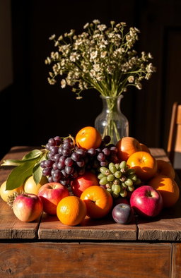 A classic still life arrangement featuring an array of fresh fruits such as apples, grapes, and oranges, artfully arranged on a rustic wooden table