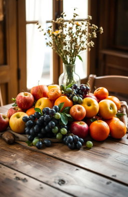A classic still life arrangement featuring an array of fresh fruits such as apples, grapes, and oranges, artfully arranged on a rustic wooden table