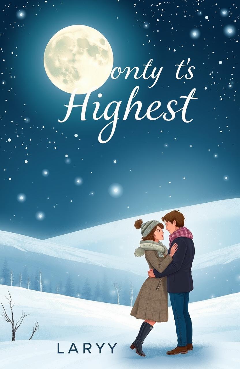 A captivating cover for a light romance novel titled 'The Moon at Its Highest', set in a fictional country engulfed in eternal winter