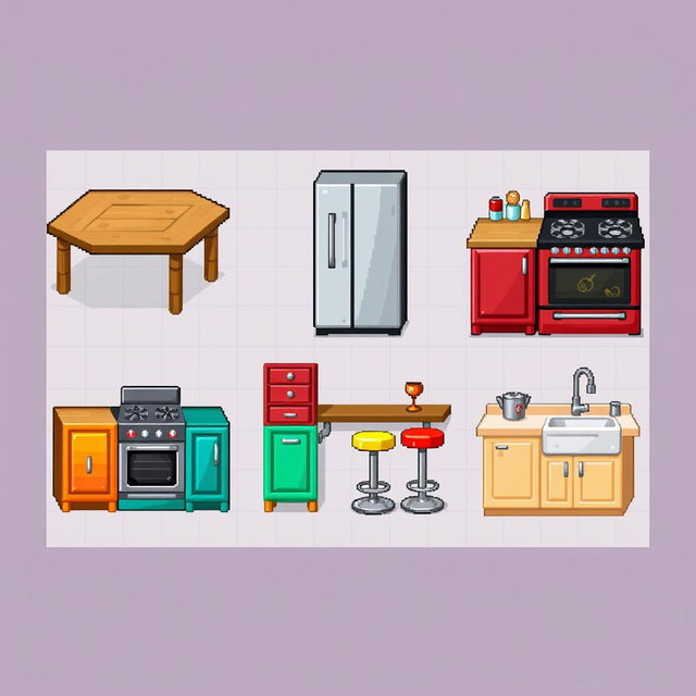 A vibrant pixel art spritesheet featuring various kitchen furniture items