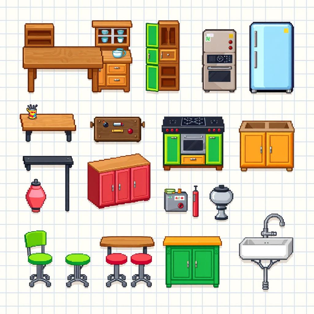 A vibrant pixel art spritesheet featuring various kitchen furniture items
