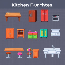 A vibrant pixel art spritesheet featuring various kitchen furniture items