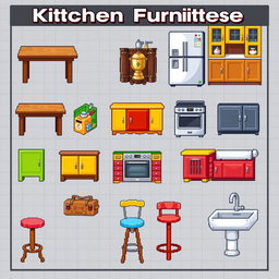 A vibrant pixel art spritesheet featuring various kitchen furniture items