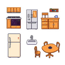 A pixel art spritesheet featuring various kitchen furniture items including cabinets, a stove, a refrigerator, a sink, and a dining table