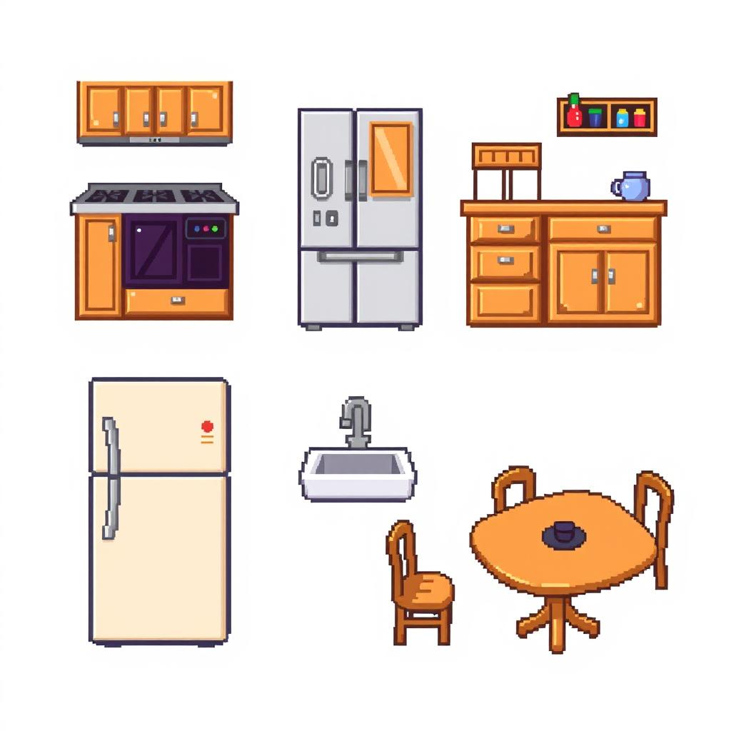 A pixel art spritesheet featuring various kitchen furniture items including cabinets, a stove, a refrigerator, a sink, and a dining table