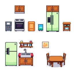 A pixel art spritesheet featuring various kitchen furniture items including cabinets, a stove, a refrigerator, a sink, and a dining table