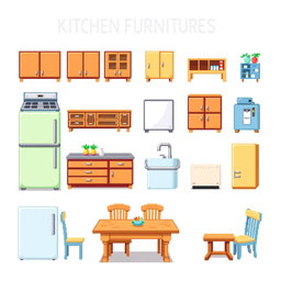 A pixel art spritesheet featuring various kitchen furniture items including cabinets, a stove, a refrigerator, a sink, and a dining table
