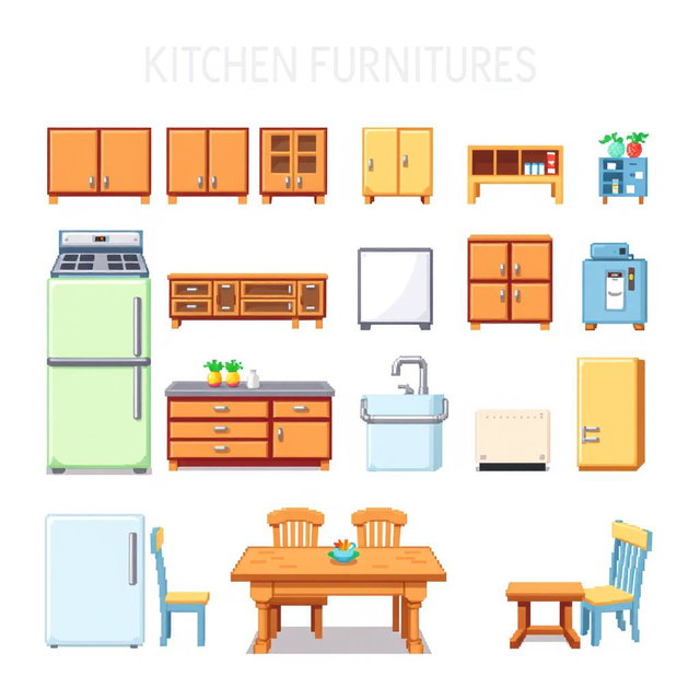 A pixel art spritesheet featuring various kitchen furniture items including cabinets, a stove, a refrigerator, a sink, and a dining table