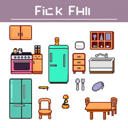 A pixel art spritesheet featuring various kitchen furniture items including cabinets, a stove, a refrigerator, a sink, and a dining table