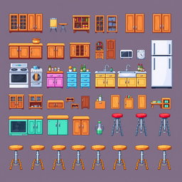 A vibrant pixel art spritesheet depicting a variety of kitchen furniture items such as cabinets, countertops, a stove, a refrigerator, a sink, and bar stools