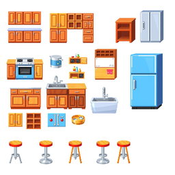 A vibrant pixel art spritesheet depicting a variety of kitchen furniture items such as cabinets, countertops, a stove, a refrigerator, a sink, and bar stools