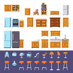 A vibrant pixel art spritesheet depicting a variety of kitchen furniture items such as cabinets, countertops, a stove, a refrigerator, a sink, and bar stools