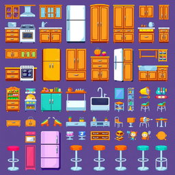 A vibrant pixel art spritesheet depicting a variety of kitchen furniture items such as cabinets, countertops, a stove, a refrigerator, a sink, and bar stools