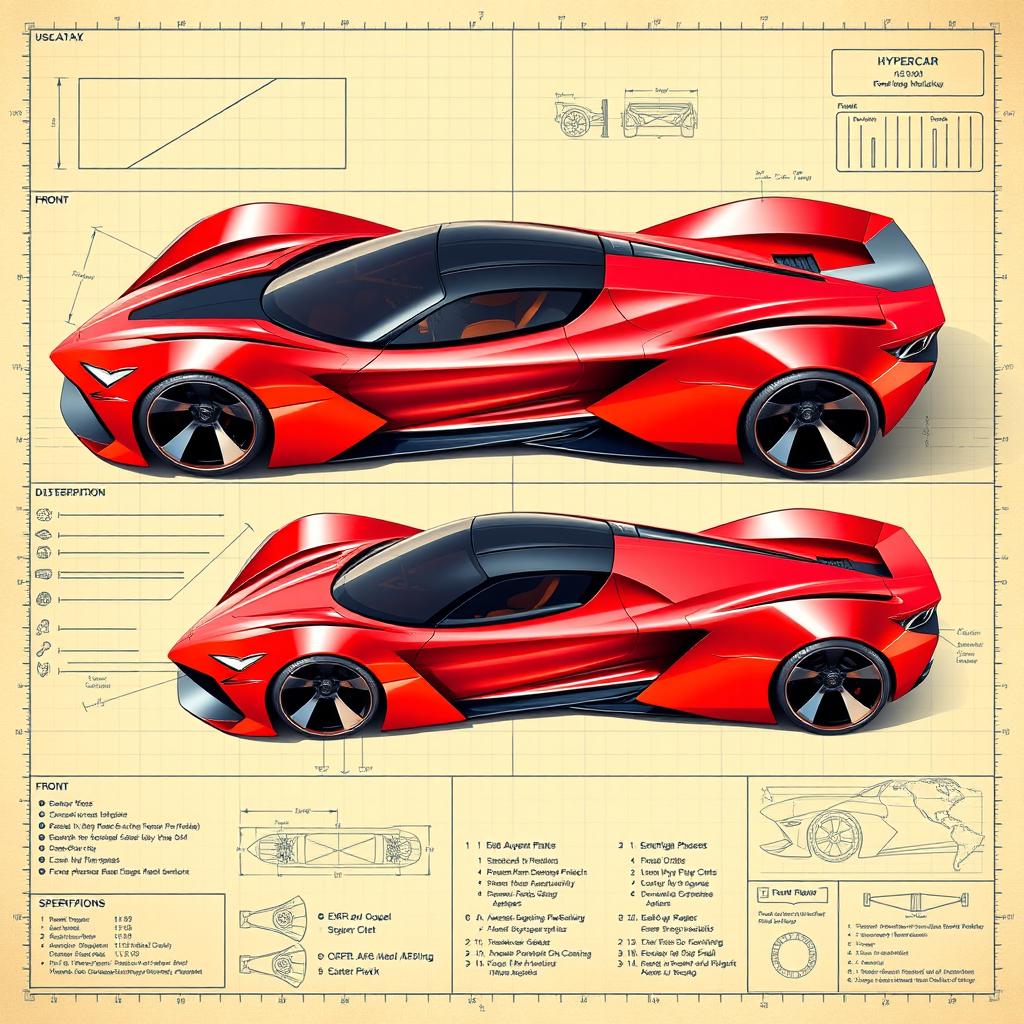 A highly detailed blueprint of a futuristic hypercar, showcasing its sleek and aerodynamic design