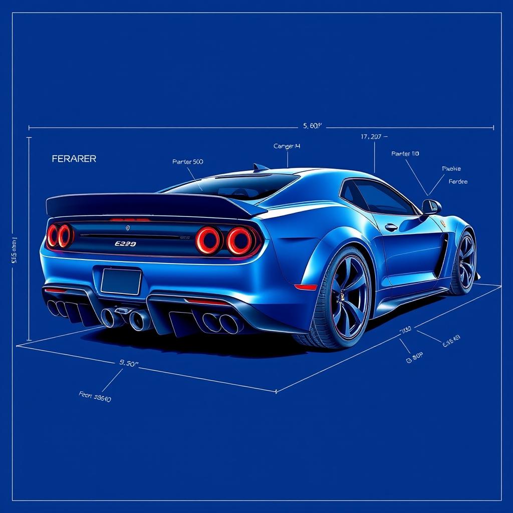 A stunning hyper car design that combines the sleek and aggressive features of a Dodge Challenger 170 and a Ferrari, showcasing bold lines and aerodynamic contours