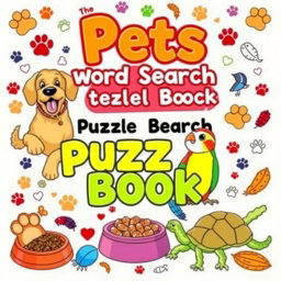An engaging cover design for a 'Pets Word Search Puzzle Book'