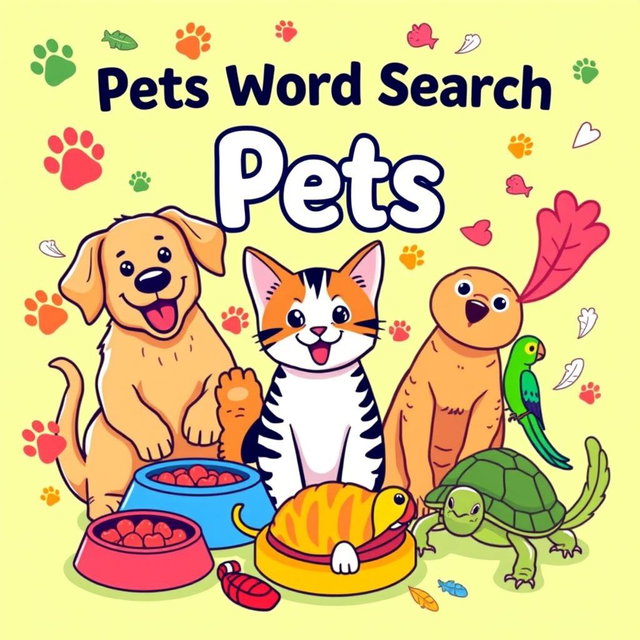 An engaging cover design for a 'Pets Word Search Puzzle Book'