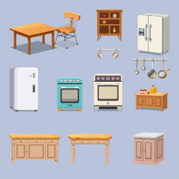 A pixel art spritesheet featuring a variety of kitchen furniture items including a classic wooden kitchen table, modern metal-legged chairs, a vintage refrigerator with rounded edges, a traditional oven with knobs, hanging pots and pans, and an elegant kitchen island with a countertop