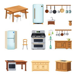 A pixel art spritesheet featuring a variety of kitchen furniture items including a classic wooden kitchen table, modern metal-legged chairs, a vintage refrigerator with rounded edges, a traditional oven with knobs, hanging pots and pans, and an elegant kitchen island with a countertop