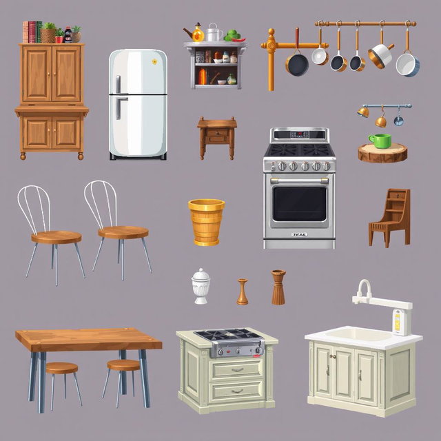 A pixel art spritesheet featuring a variety of kitchen furniture items including a classic wooden kitchen table, modern metal-legged chairs, a vintage refrigerator with rounded edges, a traditional oven with knobs, hanging pots and pans, and an elegant kitchen island with a countertop