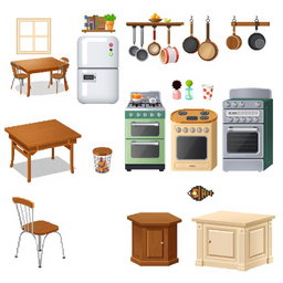 A pixel art spritesheet featuring a variety of kitchen furniture items including a classic wooden kitchen table, modern metal-legged chairs, a vintage refrigerator with rounded edges, a traditional oven with knobs, hanging pots and pans, and an elegant kitchen island with a countertop