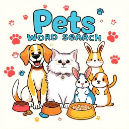 A charming cover design for a 'Pets Word Search Puzzle Book'