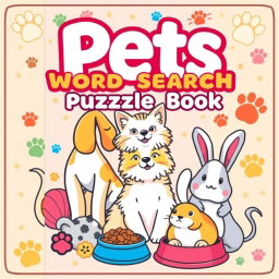 A charming cover design for a 'Pets Word Search Puzzle Book'