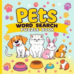 A charming cover design for a 'Pets Word Search Puzzle Book'
