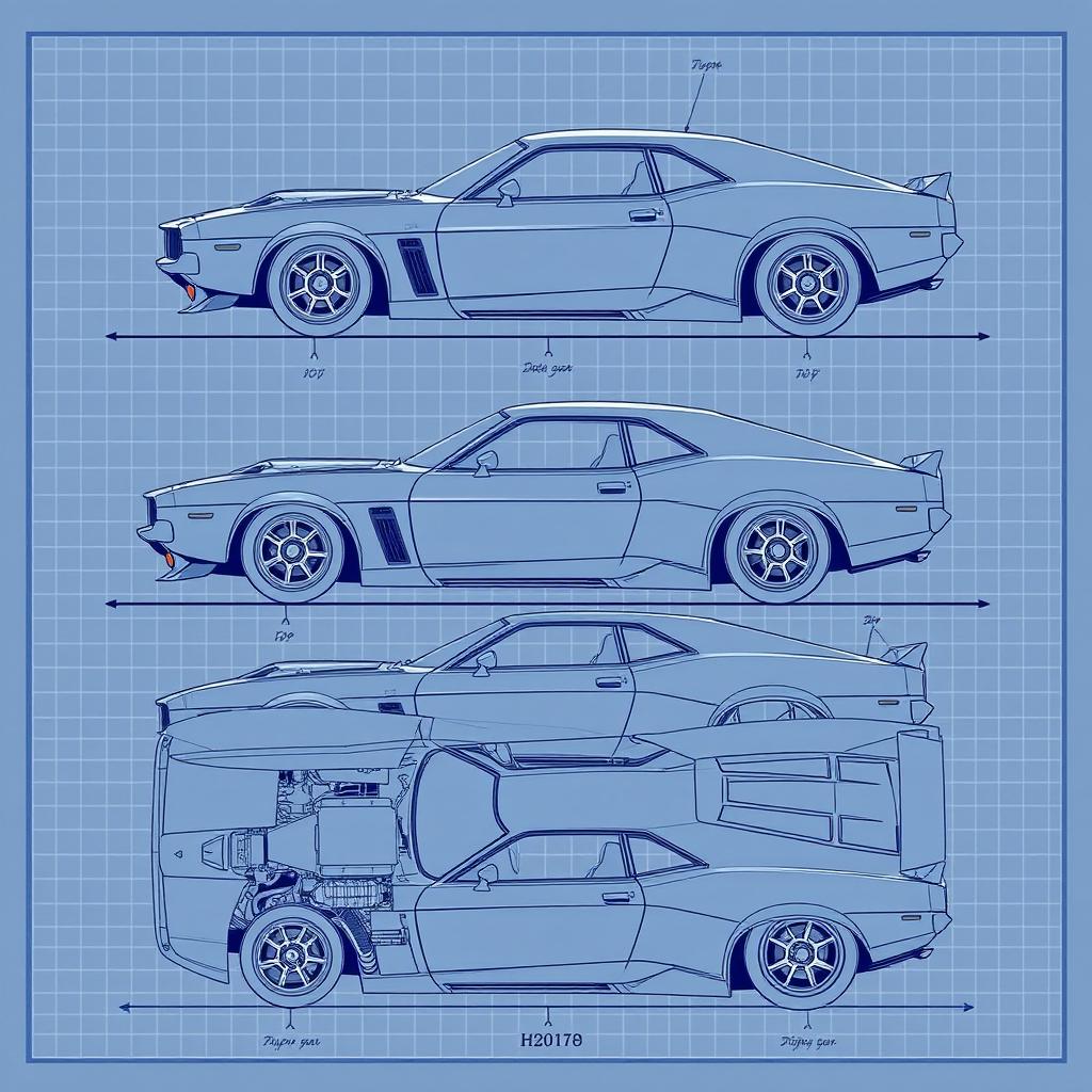 A blueprint design of a hyper car that artistically combines the classic styling of an old Dodge Challenger with modern hyper car features