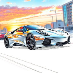 A detailed sketch of a sleek, modern sports car, featuring an aerodynamic design with smooth curves and sharp angles