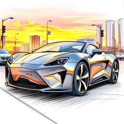 A detailed sketch of a sleek, modern sports car, featuring an aerodynamic design with smooth curves and sharp angles