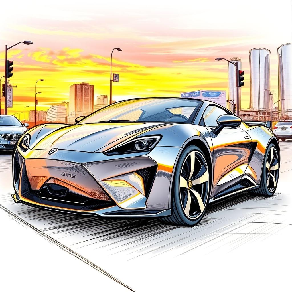 A detailed sketch of a sleek, modern sports car, featuring an aerodynamic design with smooth curves and sharp angles