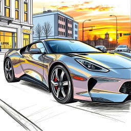 A detailed sketch of a sleek, modern sports car, featuring an aerodynamic design with smooth curves and sharp angles