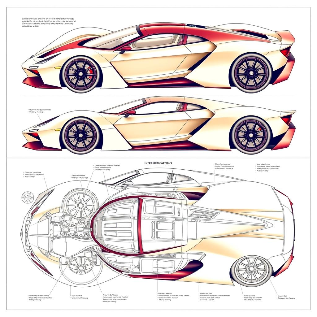 A detailed blueprint of a hyper car that combines classic design elements with modern engineering