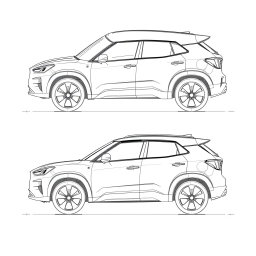 A technical sketch of a compact SUV showcasing three views: the top view (planta), the front view, and the left-side view