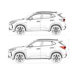 A technical sketch of a compact SUV showcasing three views: the top view (planta), the front view, and the left-side view