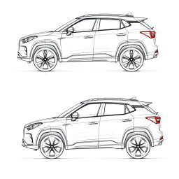 A technical sketch of a compact SUV showcasing three views: the top view (planta), the front view, and the left-side view