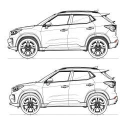 A technical sketch of a compact SUV showcasing three views: the top view (planta), the front view, and the left-side view