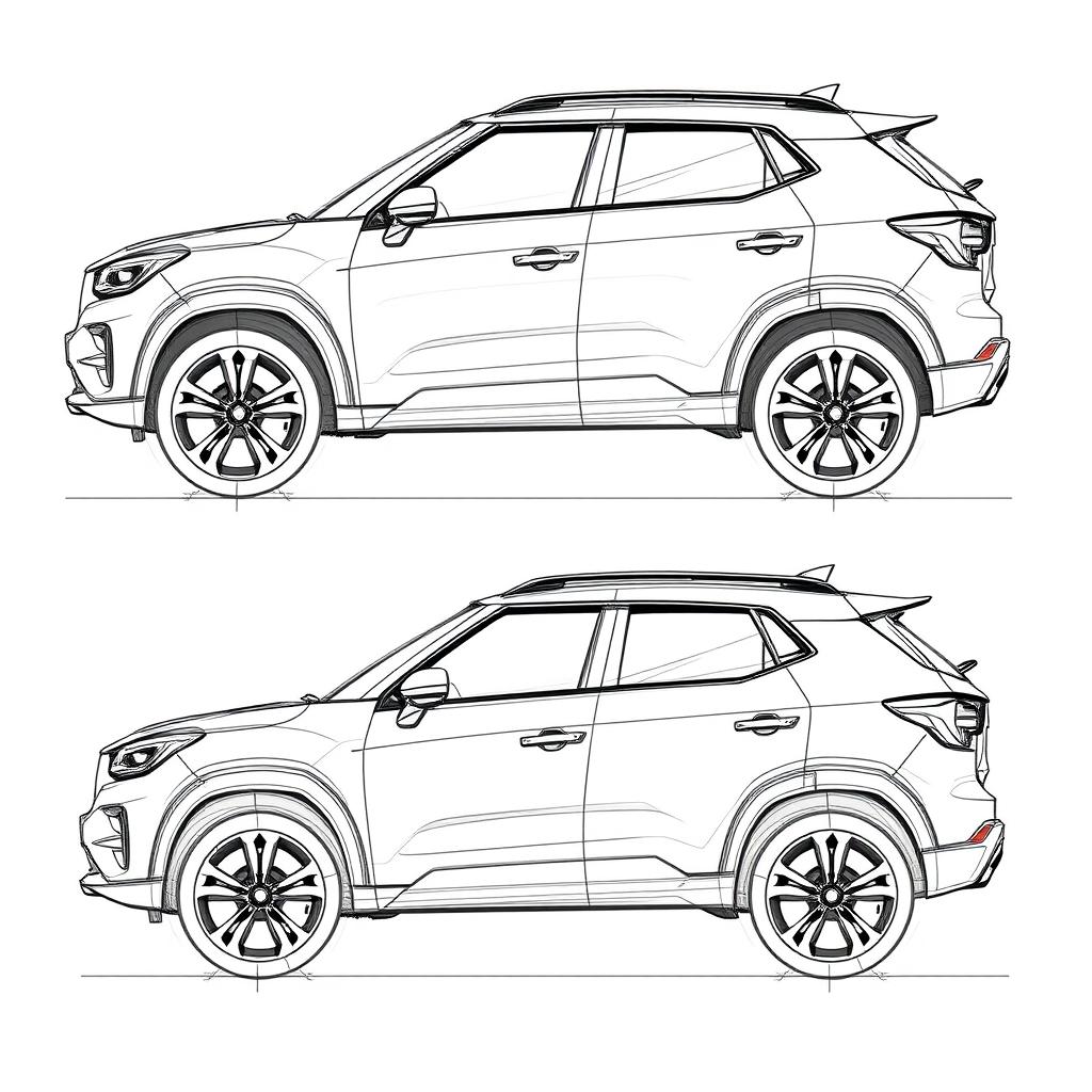 A technical sketch of a compact SUV showcasing three views: the top view (planta), the front view, and the left-side view