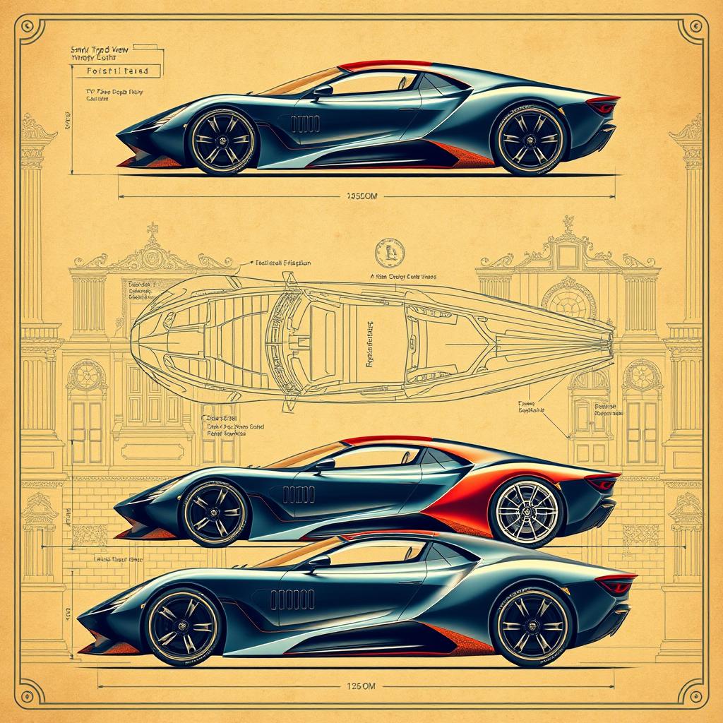 A blueprint design of a hypercar incorporating old classical design elements, showcasing sleek curves and intricate details reminiscent of vintage automobiles