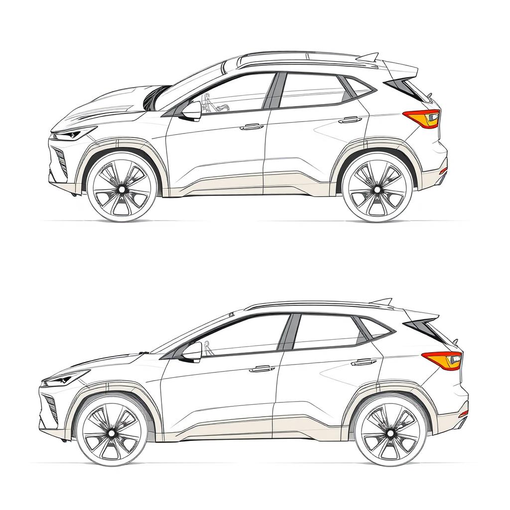 A detailed sketch of a compact SUV, showcasing three separate views: top-down (plan view), front view, and left side view