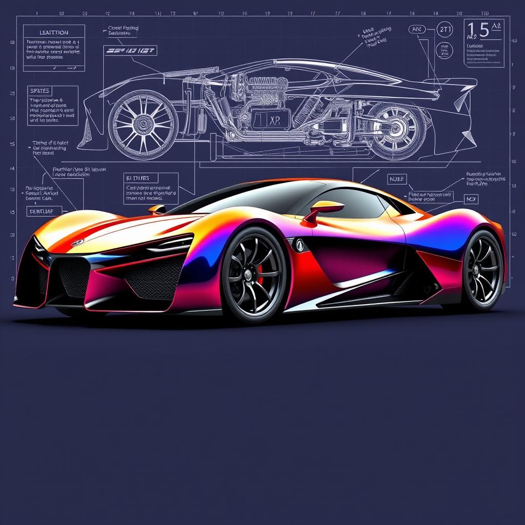 A stunning hyper car featuring a unique design that combines the sleek, high-performance characteristics of modern hyper cars with the vintage elegance of an old classical low rider