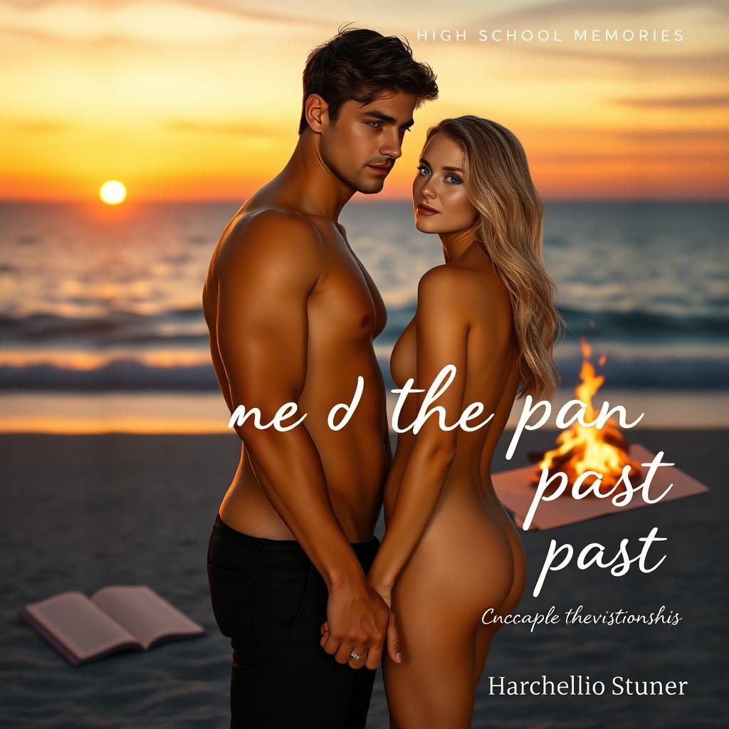 A nostalgic and romantic beach scene during sunset, featuring a couple holding hands or gazing at the horizon, symbolizing a new beginning