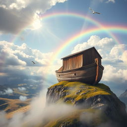 The Ark of Noah, a majestic and ancient wooden ship, beautifully weathered and covered in moss, sitting atop a high mountain peak, surrounded by clouds and mist