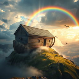 The Ark of Noah, a majestic and ancient wooden ship, beautifully weathered and covered in moss, sitting atop a high mountain peak, surrounded by clouds and mist