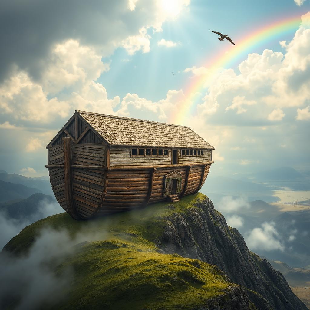 The Ark of Noah, a majestic and ancient wooden ship, beautifully weathered and covered in moss, sitting atop a high mountain peak, surrounded by clouds and mist
